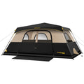FanttikOutdoor Zeta C10 Pro 10 person instant cabin tent with mesh windows and zipped door, tan and black color scheme.