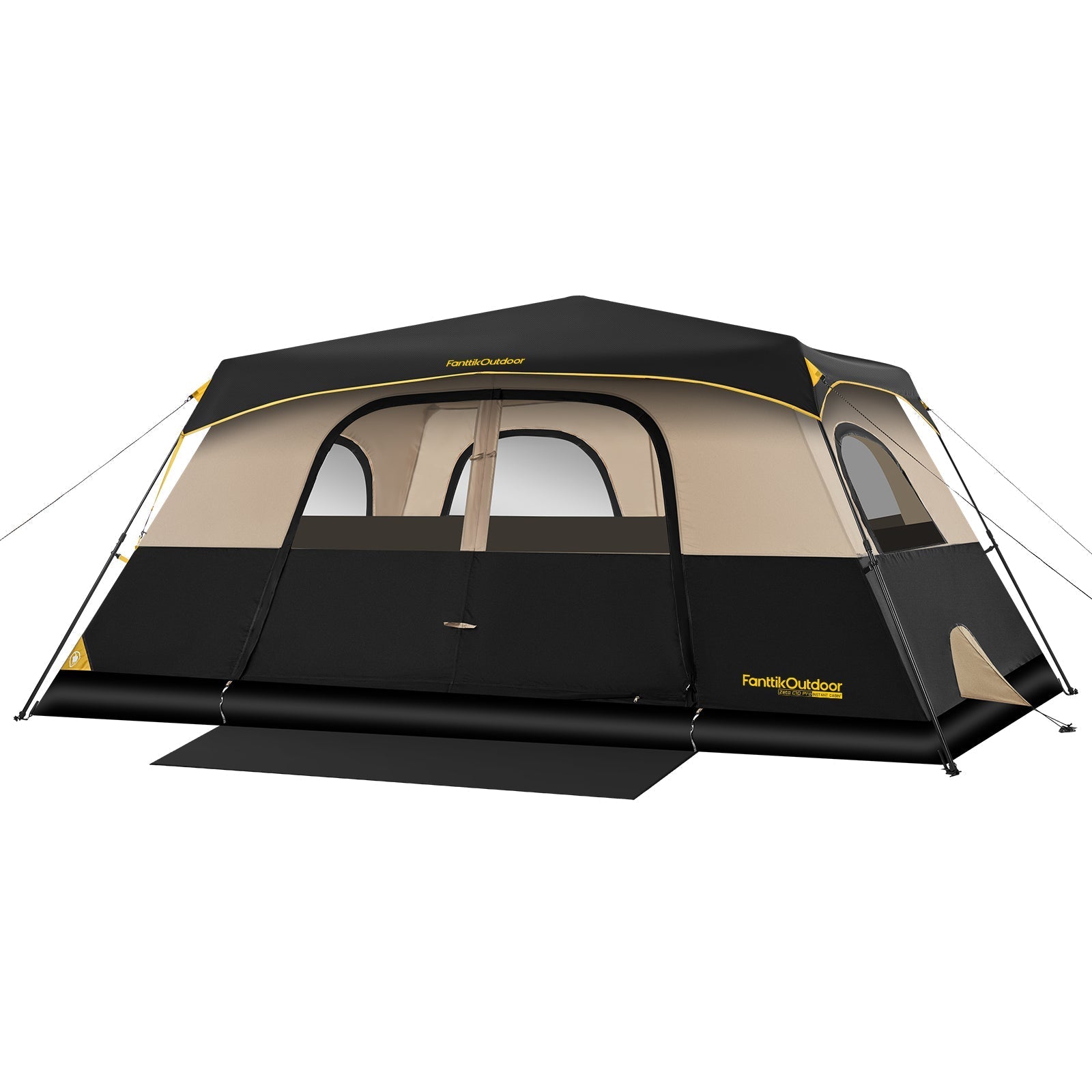 FanttikOutdoor Zeta C10 Pro 10 person instant cabin tent with mesh windows and zipped door, tan and black color scheme.