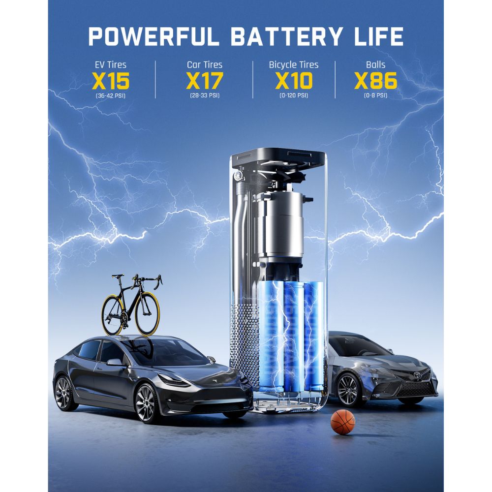 Fanttik X8 APEX EV tire inflator battery power: X15 EV tires, X17 car tires, X10 bicycle tires, X86 balls.