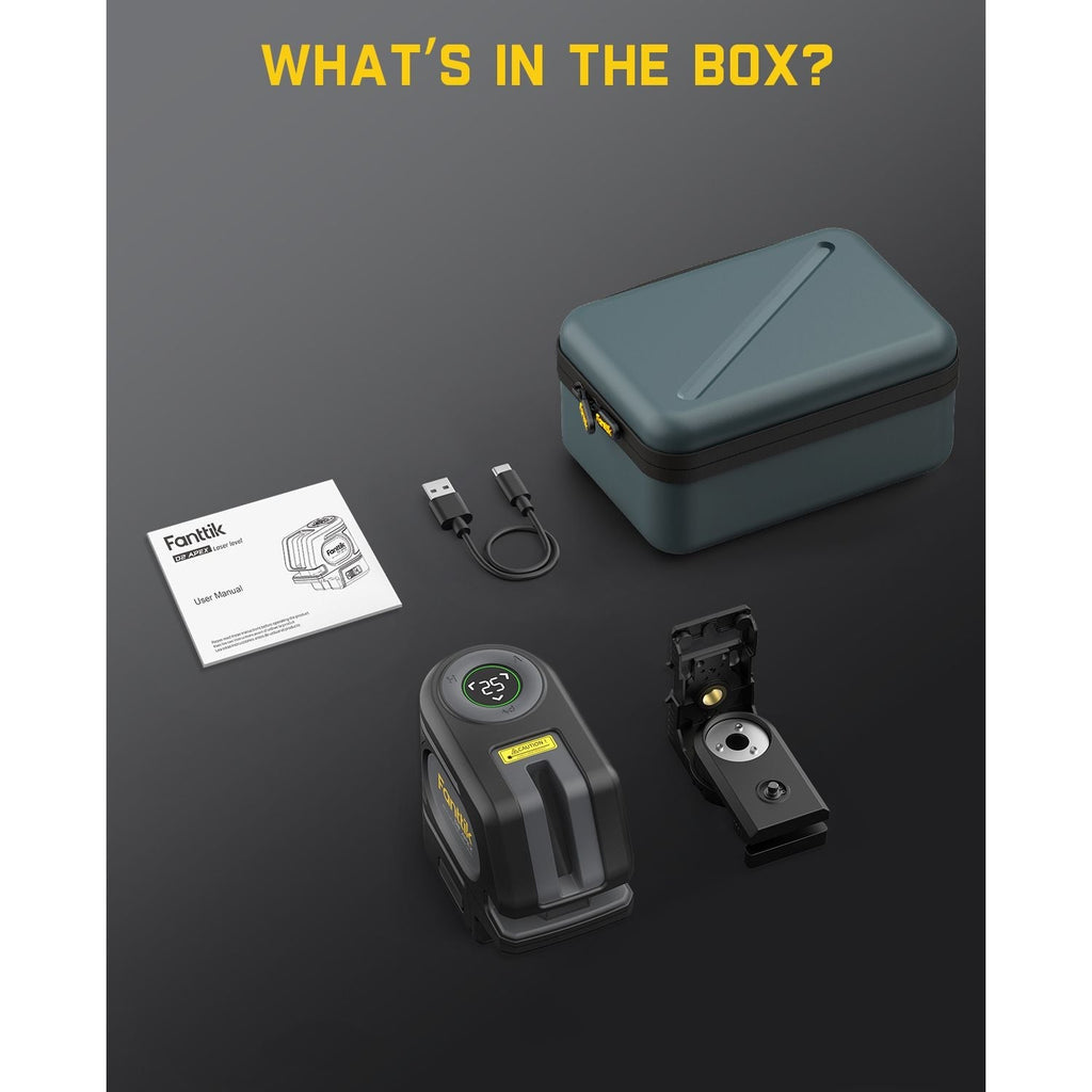 Fanttik D2 APEX laser level, USB-C cable, user manual, magnetic mount, and teal carrying case for DIY and construction.