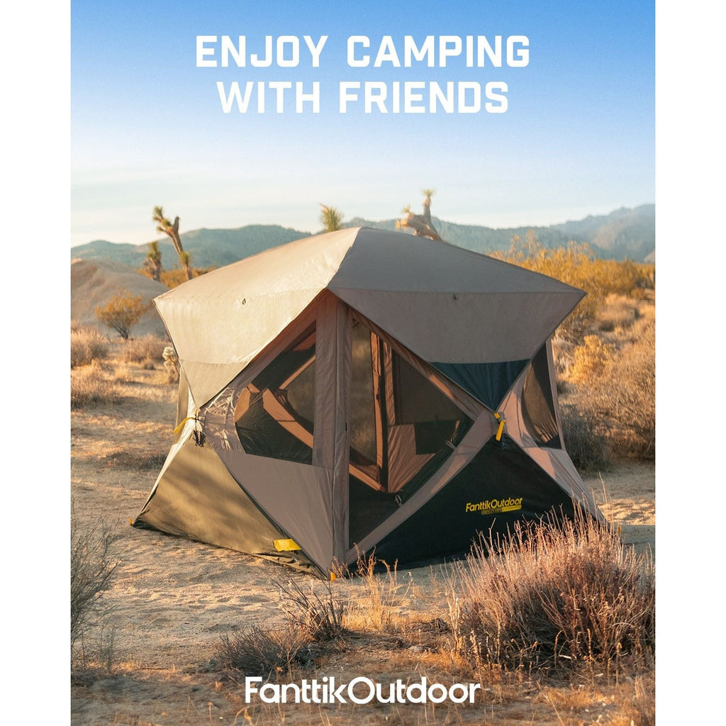 FanttikOutdoor Alpha C4 Ultra instant cabin tent in desert, 'Enjoy Camping With Friends' text.