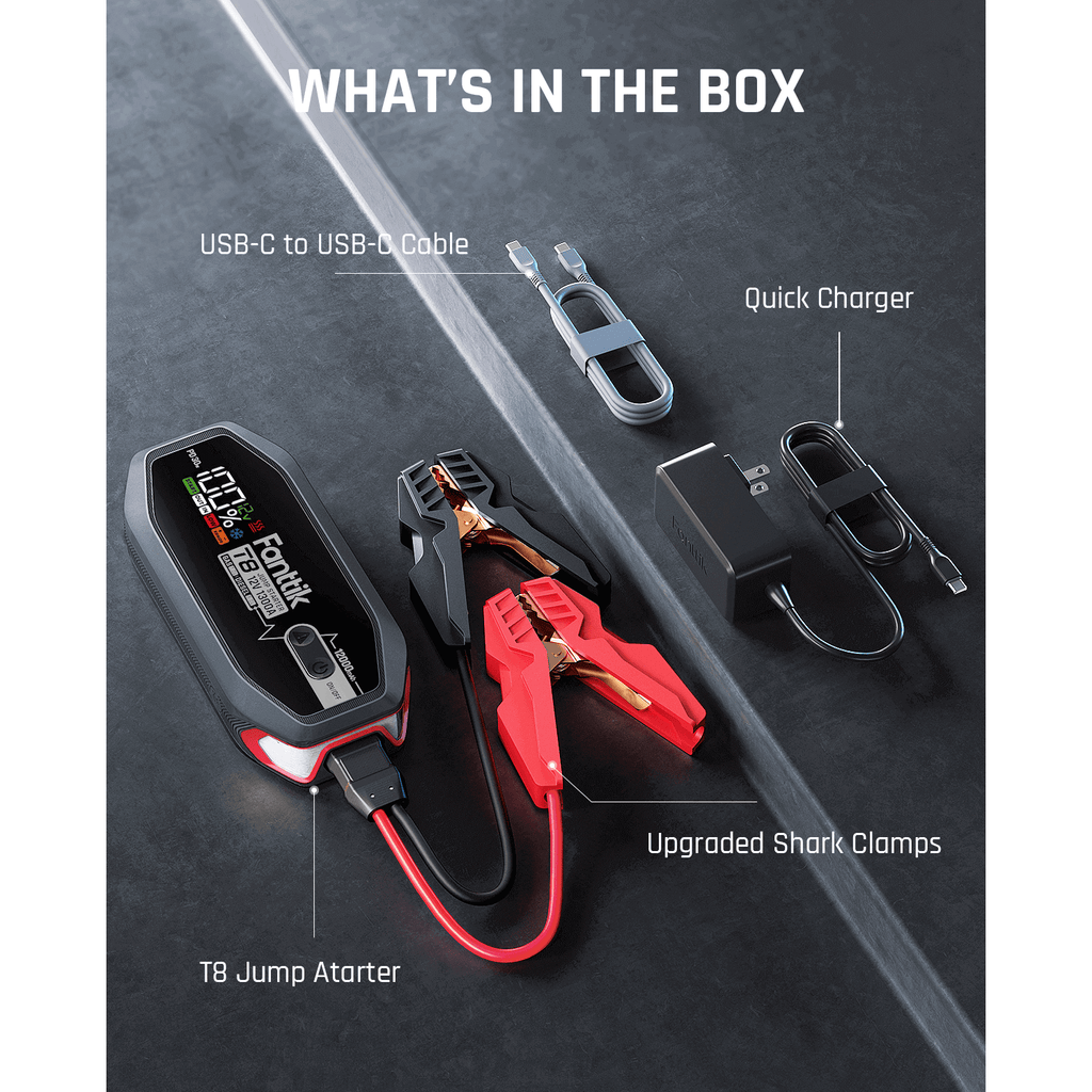 Fanttik T8 1300 Amp Jump Starter kit includes jump starter unit, USB-C cable, and quick charger with upgraded shark clamps.