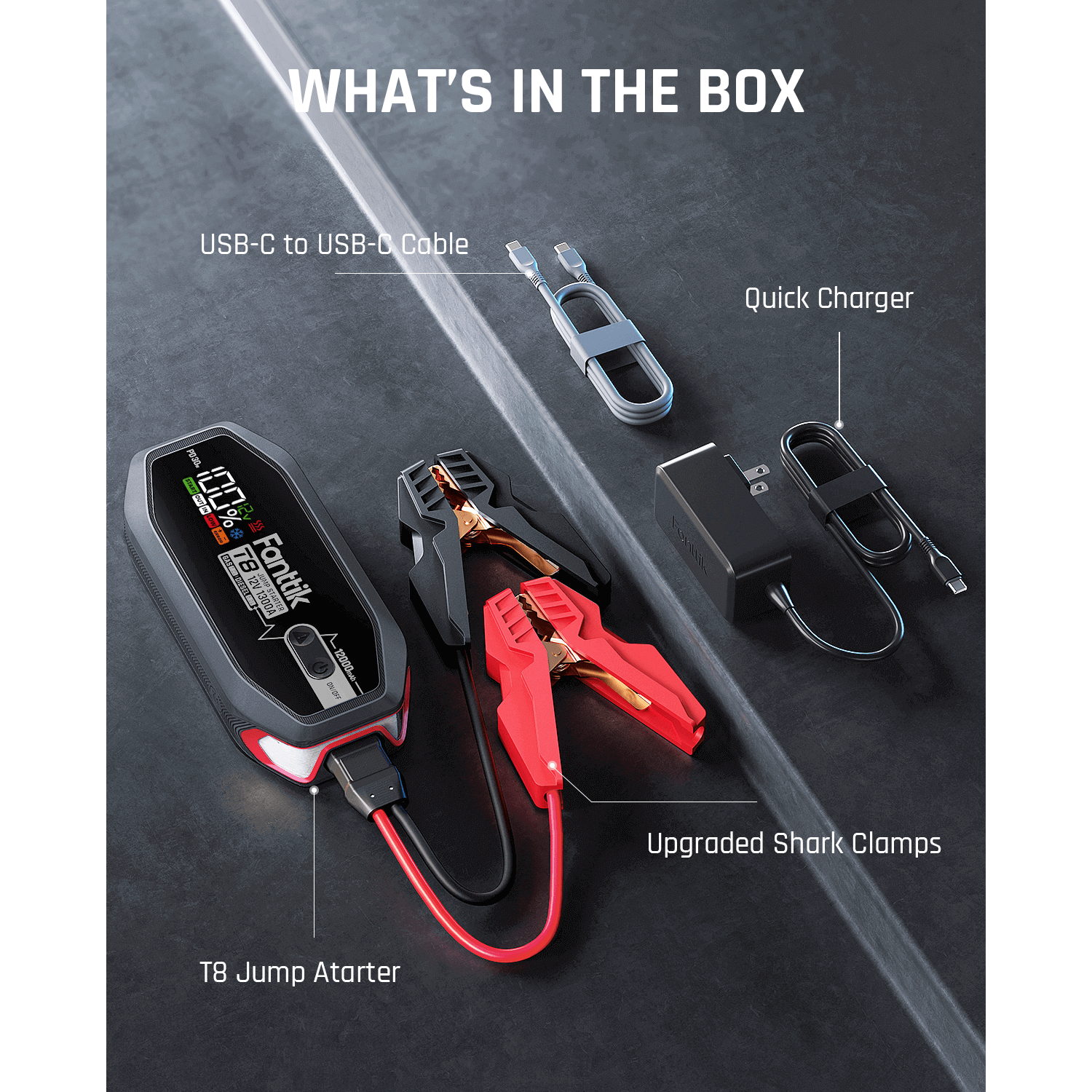 Fanttik T8 1300 Amp Jump Starter kit includes jump starter unit, USB-C cable, and quick charger with upgraded shark clamps.