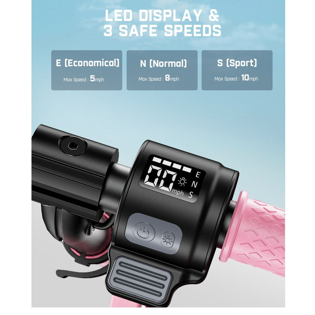 FanttikRide C9 Pro kids scooter handlebar display showing 3 safe speeds: Economical (5mph), Normal (8mph), Sport (10mph).