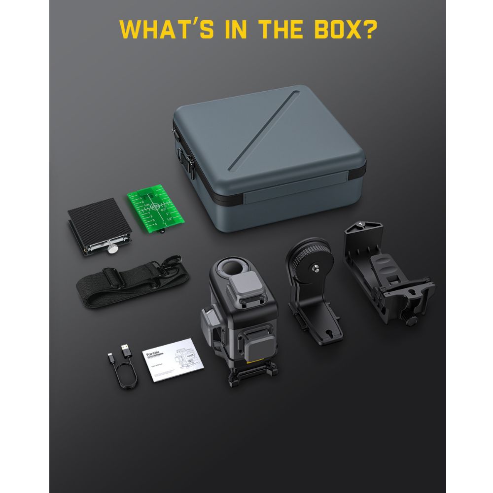 Fanttik D16 APEX Laser Level box contents: laser level unit, case, mount, target, strap, and USB-C cable