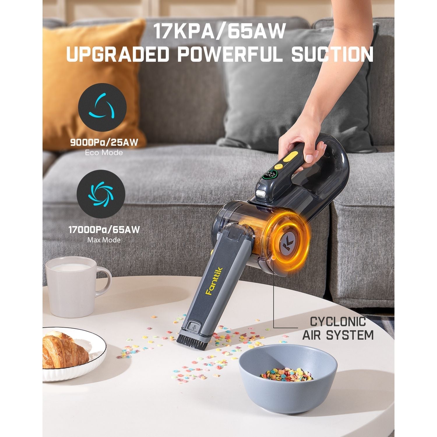 Fanttik V10 Ultra Deluxe handheld vacuum with 17000Pa suction cleans scattered crumbs. Features cyclonic air system.