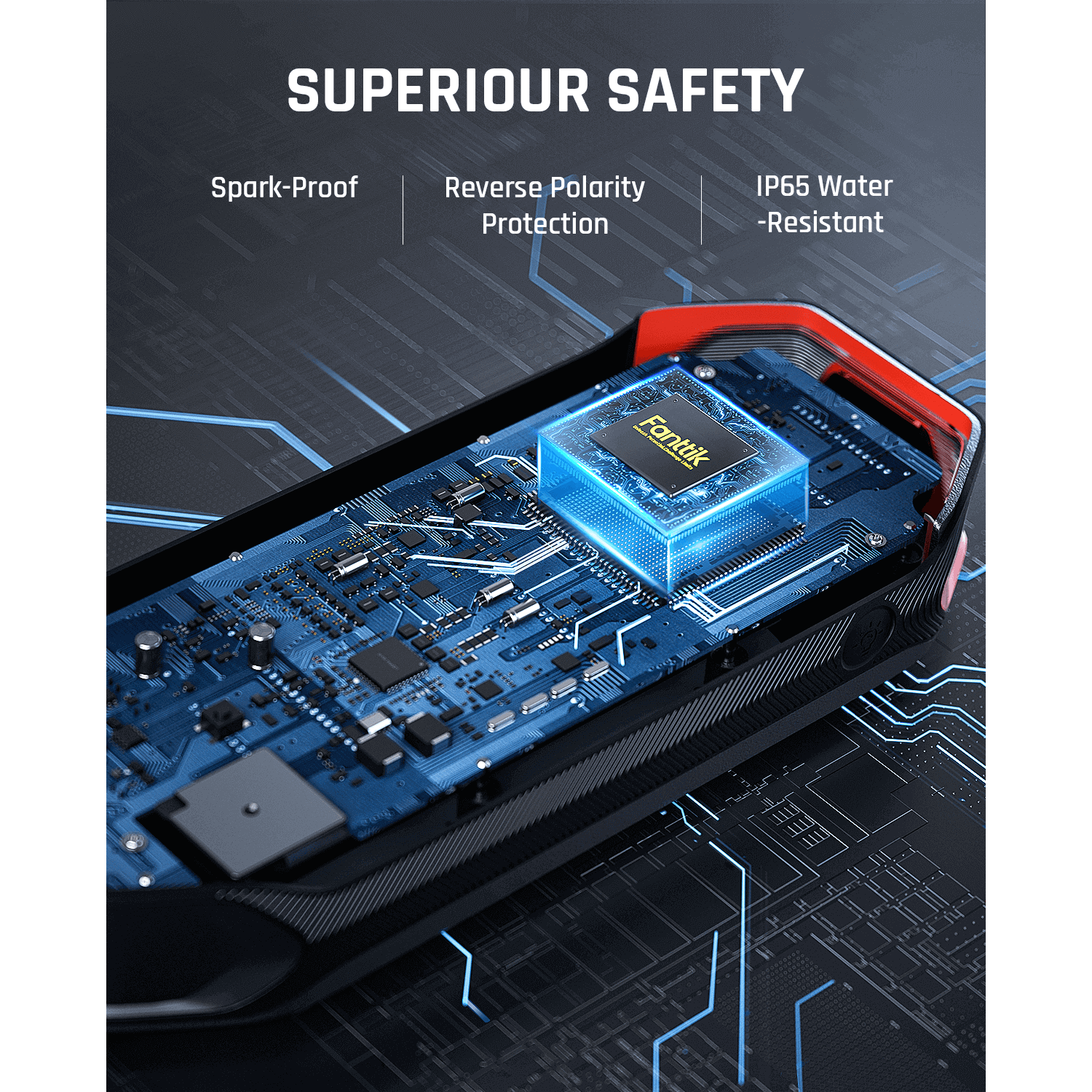 Fanttik T8 MAX internal circuit board: Spark-Proof, Reverse Polarity Protection, IP65 Water-Resistant.
