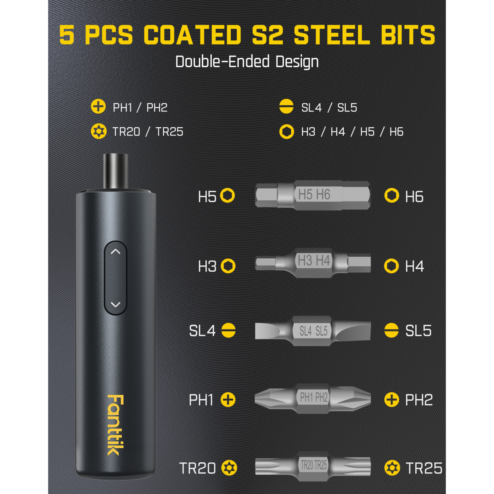 Fanttik S1 Capsule screwdriver with 5 double-ended S2 steel bits (PH1/PH2, TR20/TR25, SL4/SL5, H3-H6).