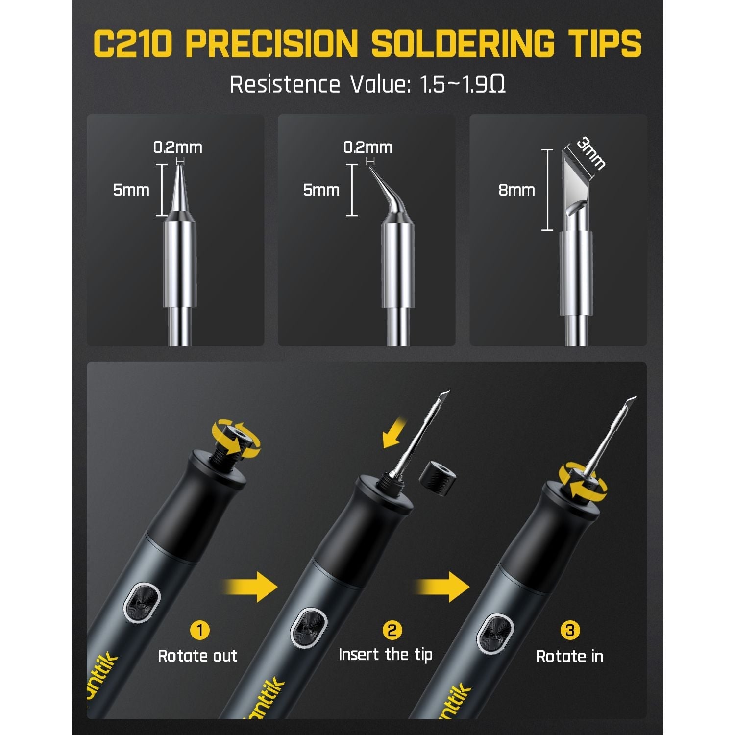 Fanttik T1 Max soldering iron kit shows three C210 precision tips and a step-by-step guide for inserting the tips.