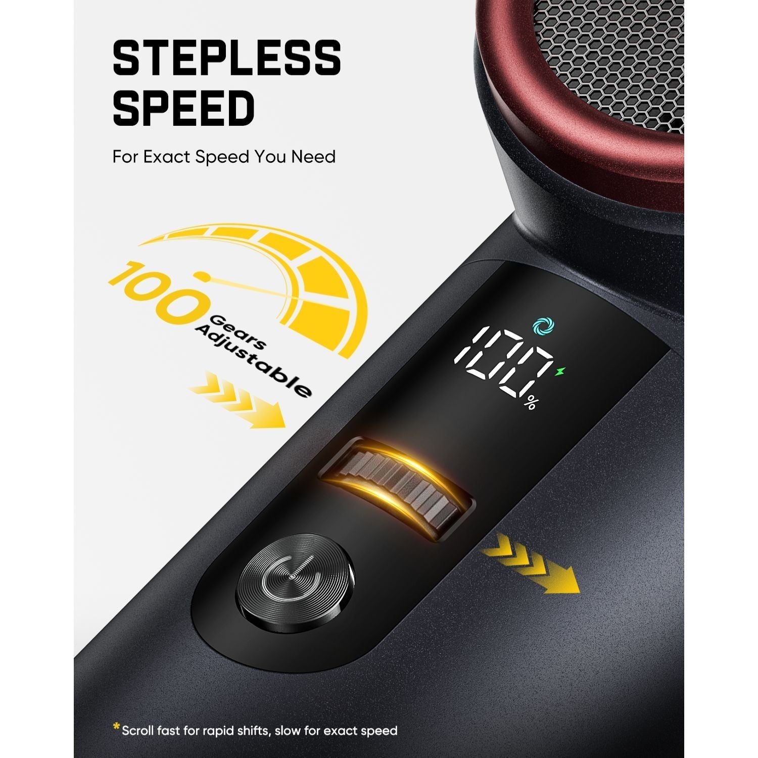 Close-up of a air duster control panel with a digital display, power button, and gear selector, shown alongside marketing text reading 'STEPLESS SPEED' and '100 Gears Adjustable'.