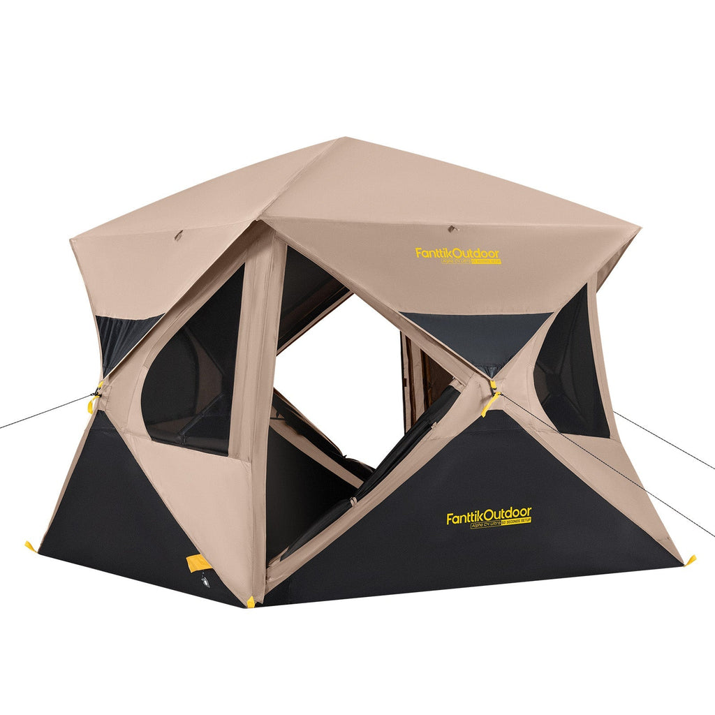 FanttikOutdoor Alpha C4 Ultra instant cabin tent, tan and black, with mesh windows and quick setup feature.