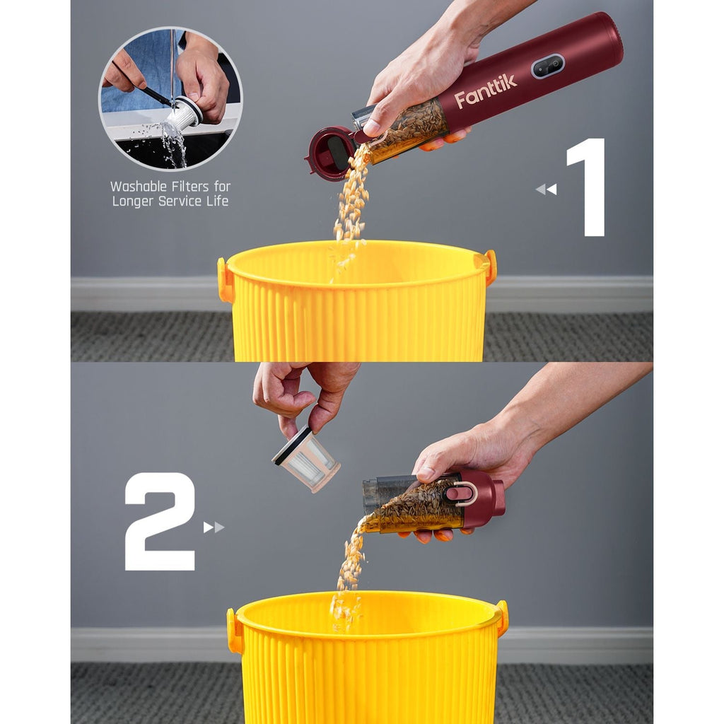 Fanttik Slim V8 Apex car vacuum dustbin emptying and filter cleaning. Red vacuum shown. Washable filters.