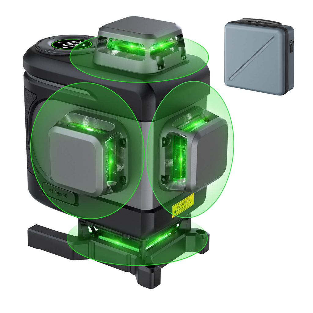 Fanttik D16 APEX Laser Level with 16 green laser lines and digital display, includes carrying case.