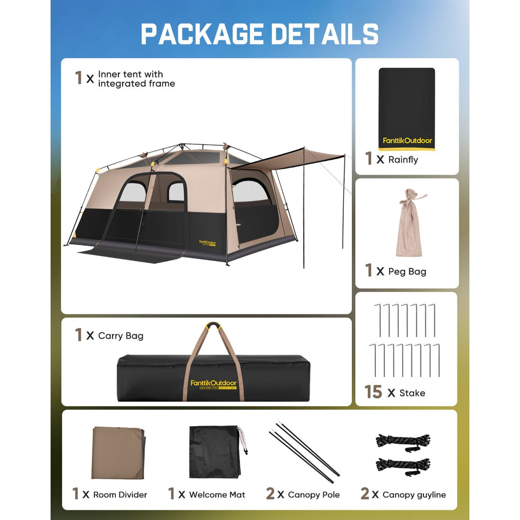 FanttikOutdoor Zeta C8/C10 Apex camping tent package details with rainfly, carry bag, stakes, canopy poles and guyline