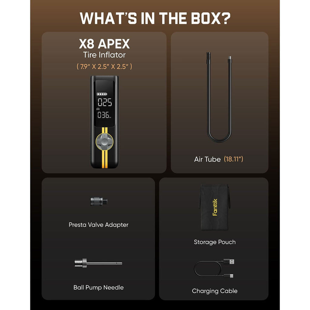 The package list for the air pump is shown, which includes the X8 APEX air pump, air tube (with Schrader valve adapter), presta valve adapter, ball needle, and charging cable.