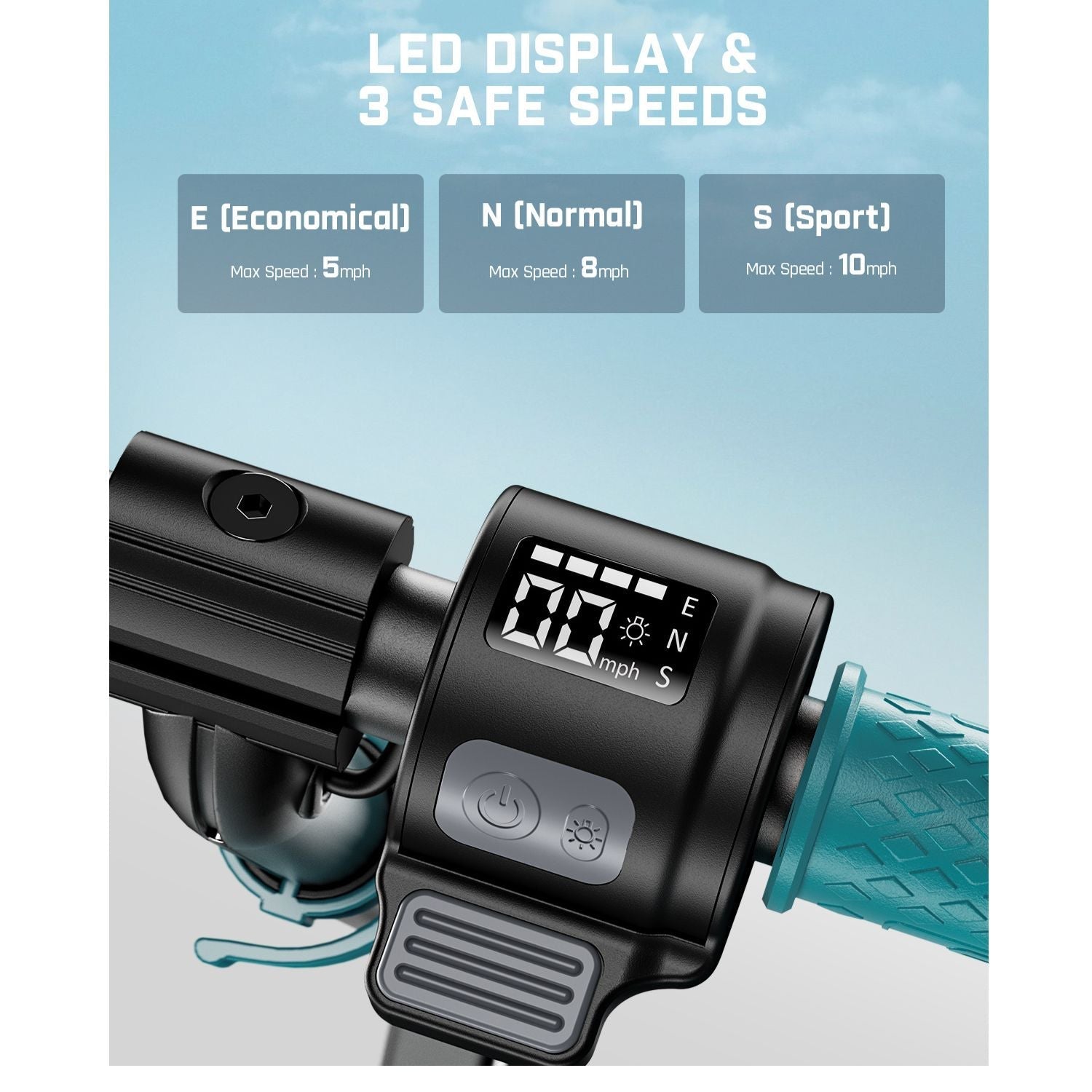 FanttikRide C9 Apex electric scooter handlebars showing LED display with three safe speeds: Economical (5mph), Normal (8mph), and Sport (10mph).
