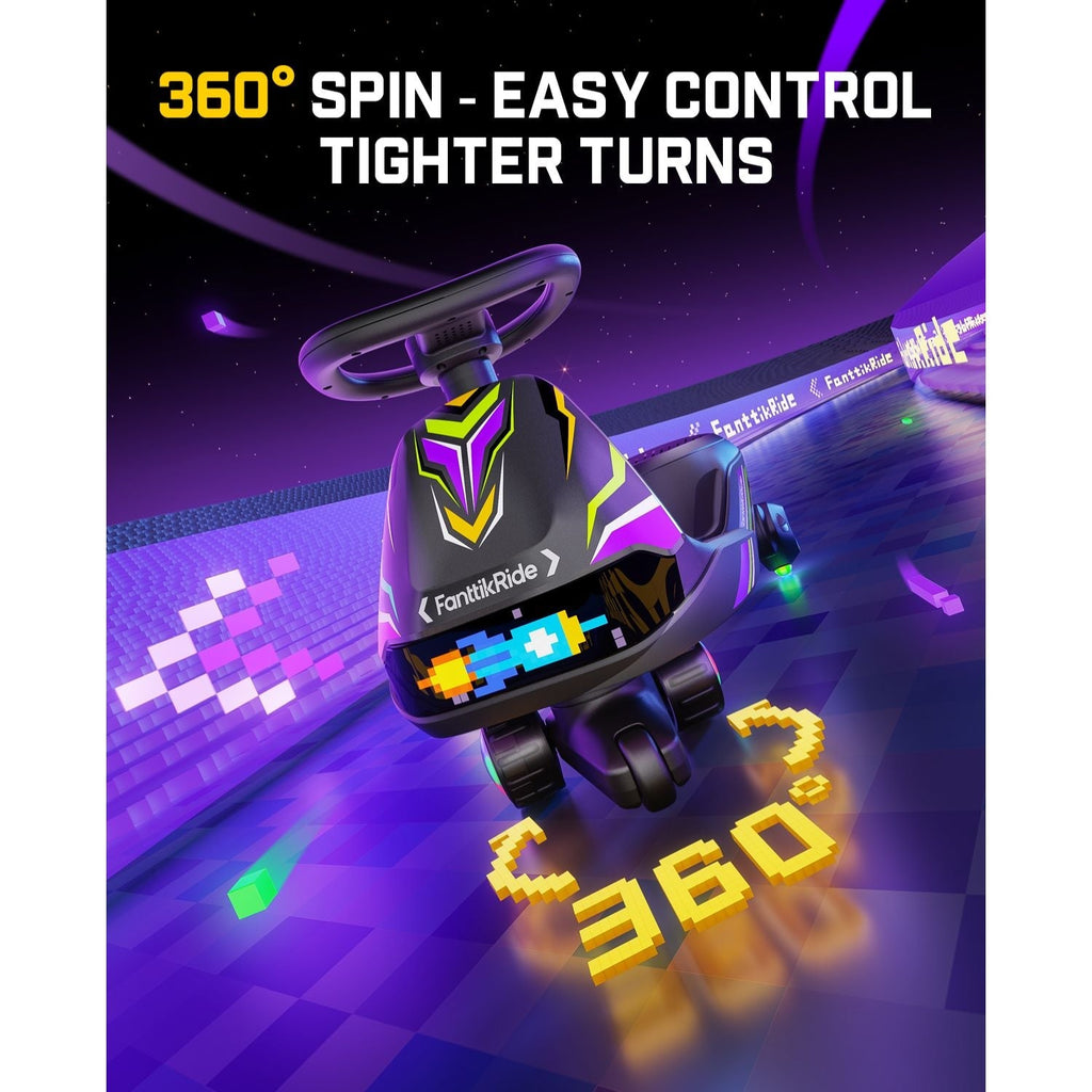 A children's toy car with a steering wheel and digital display screen, shown in a neon purple and blue racing track setting. The image includes marketing text at the top reading '360° SPIN - EASY CONTROL TIGHTER TURNS' and the brand name 'FortiKlide' visible on the toy.