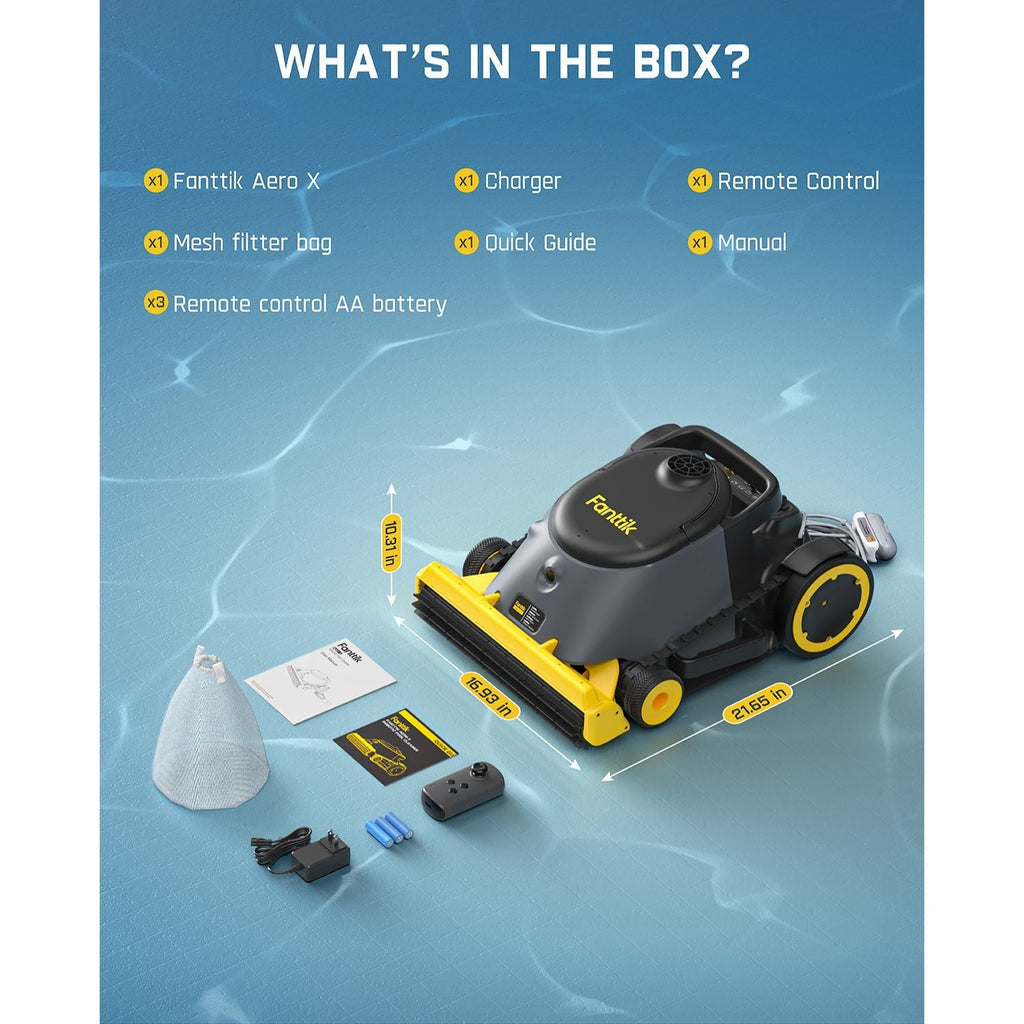 Fanttik Aero X robotic pool cleaner, charger, remote, filter bag, manual & batteries included in box.