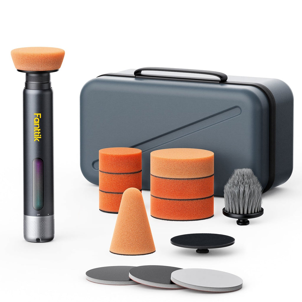 Fanttik P10 Pro Mini Car Buffer Polisher kit with polishing pads and storage case
