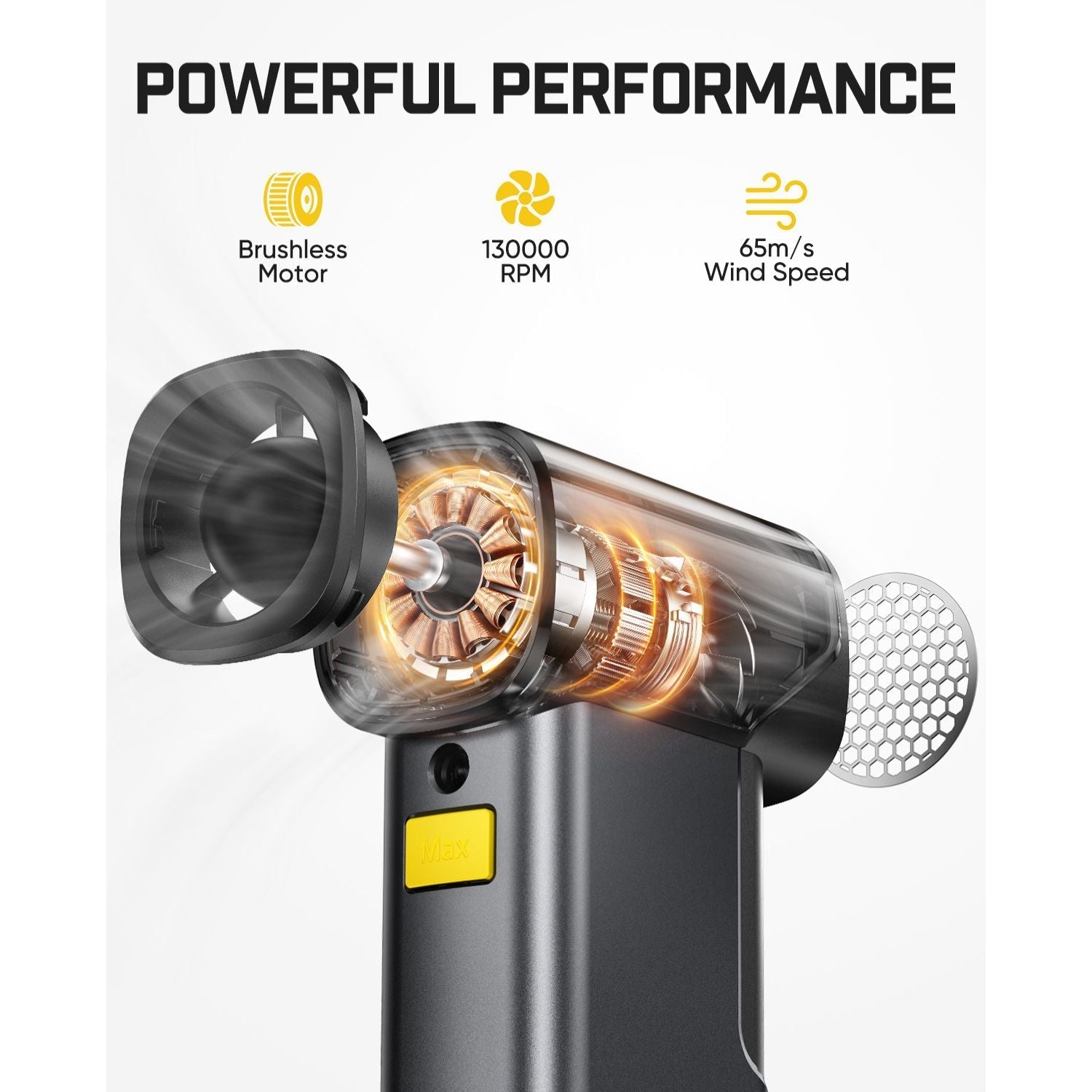 Fanttik B10 Pro Max electric air duster: 130K RPM brushless motor, 65m/s wind speed for powerful dusting.