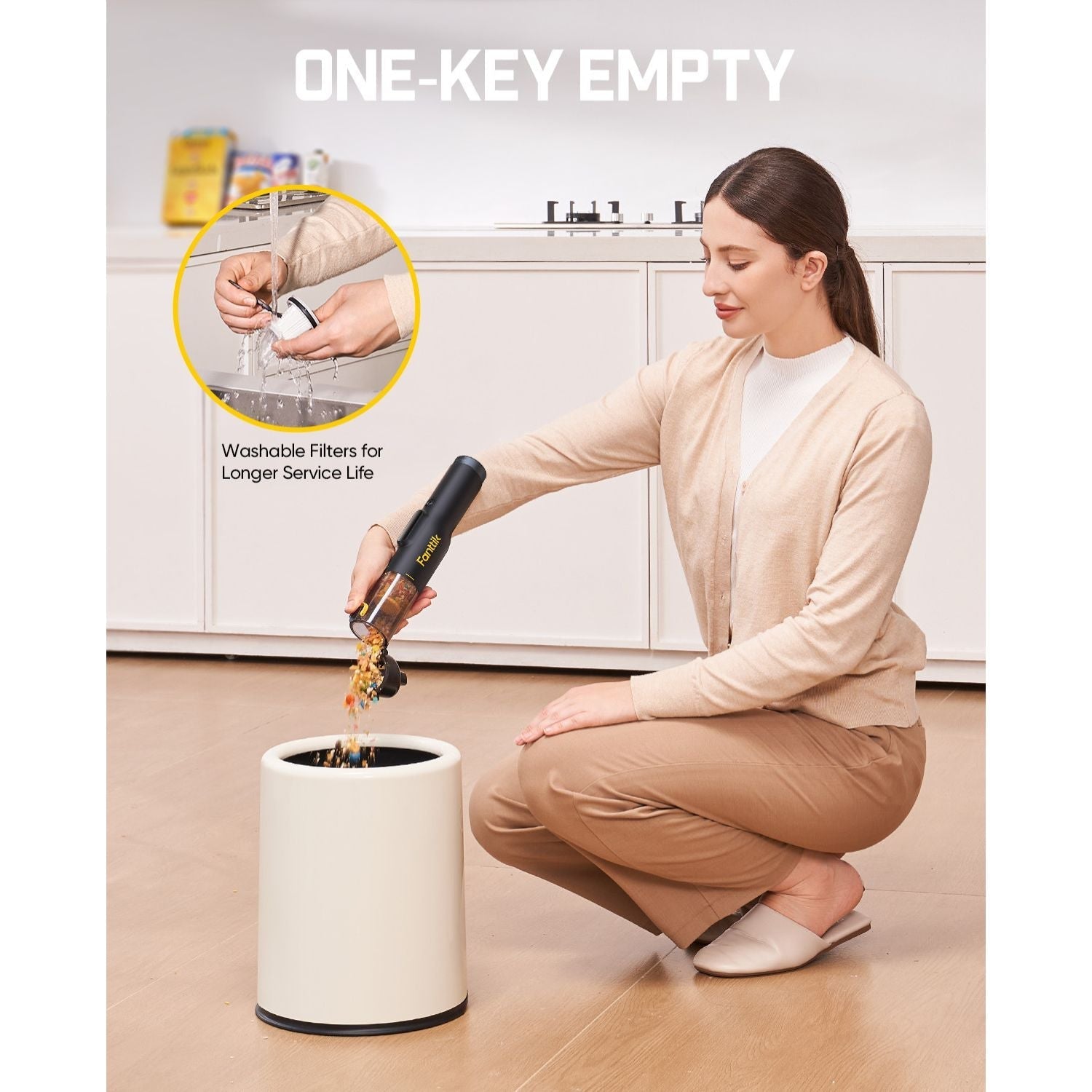 Fanttik Slim V10 Lite cordless vacuum emptying debris into trash can, with inset showing washable filter.