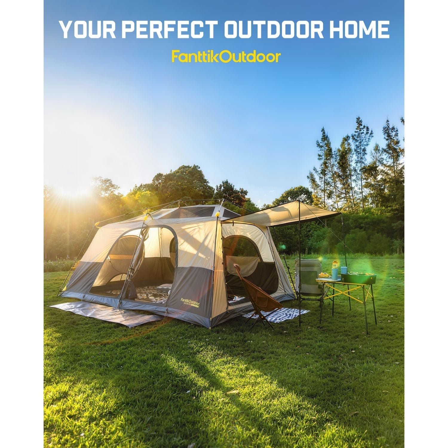 FanttikOutdoor Zeta C8/C10 Apex camping tent with awning setup on grassy campsite