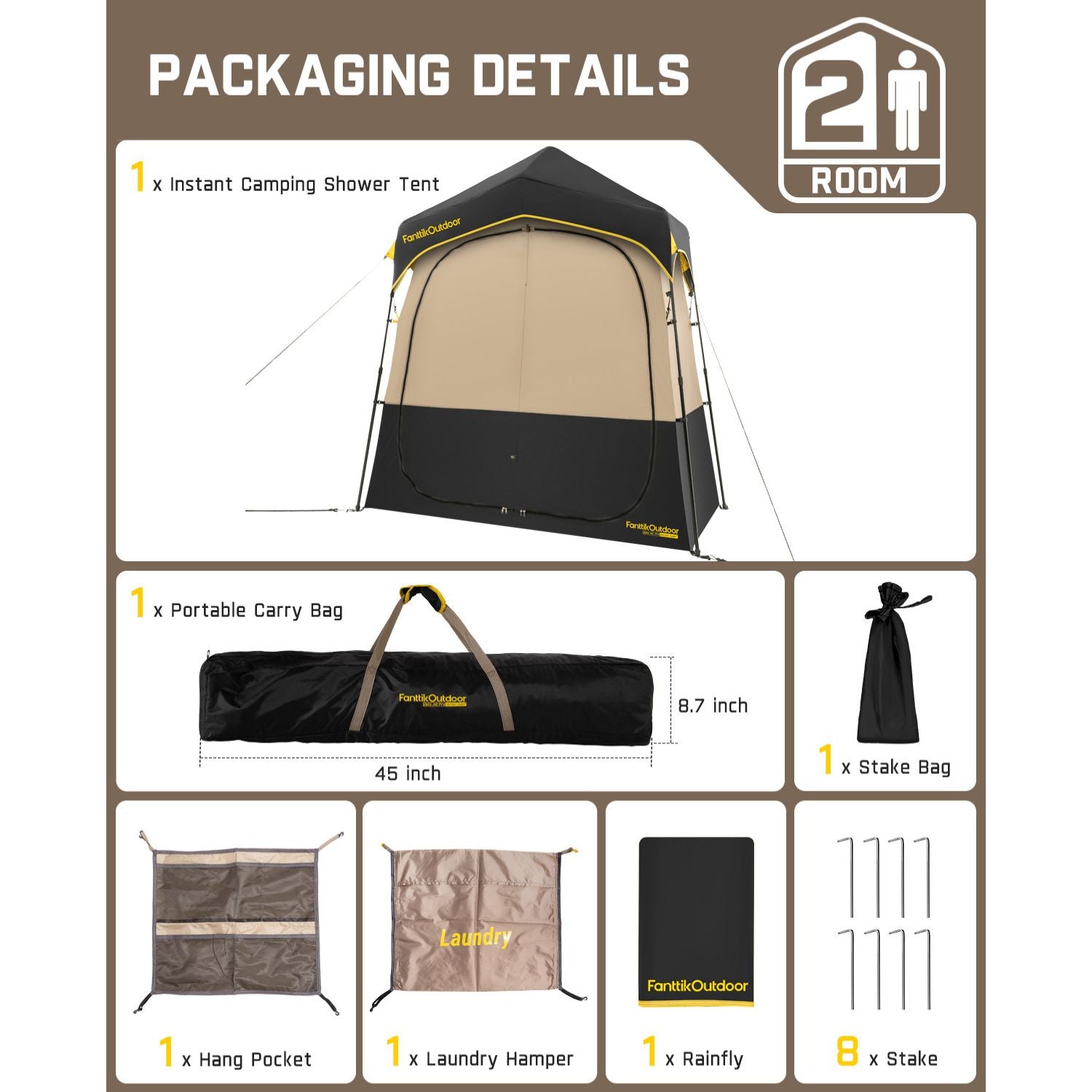 FanttikOutdoor Zeta A2 Pro shower tent. Includes 2-room tent, carry bag, hang pocket, laundry hamper, rainfly & 8 stakes.