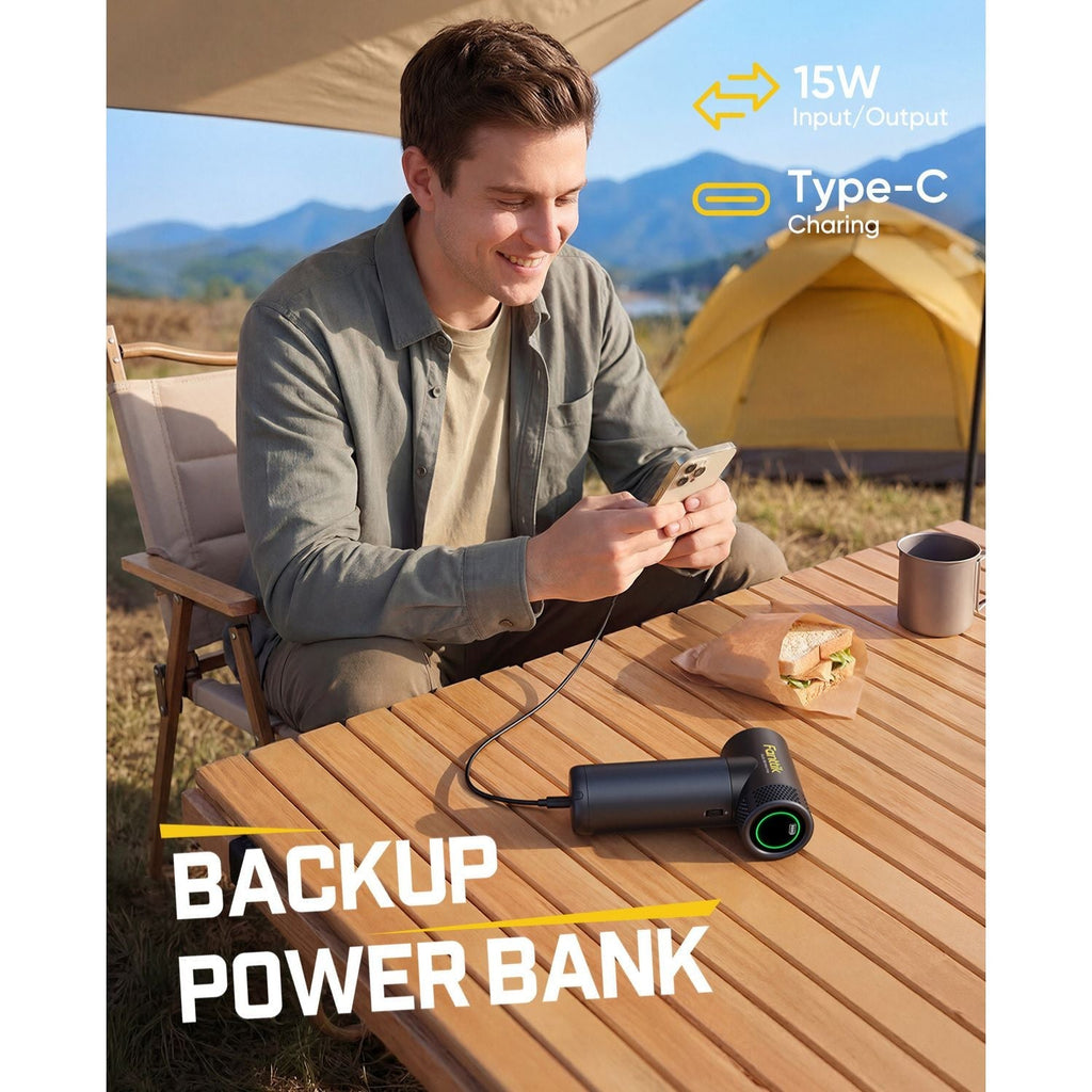 Fanttik B11 Mix Pro charging via Type-C at a campsite, backup power bank feature