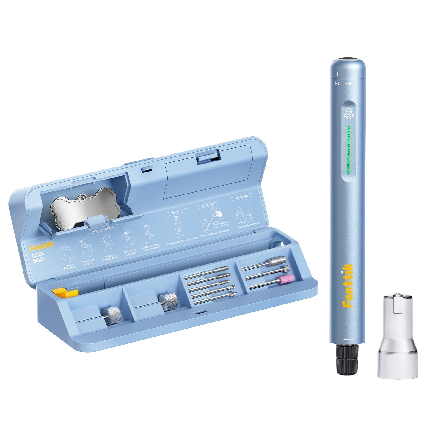 Fanttik F2 Master pet nail grinder kit with blue storage case and grinding bits