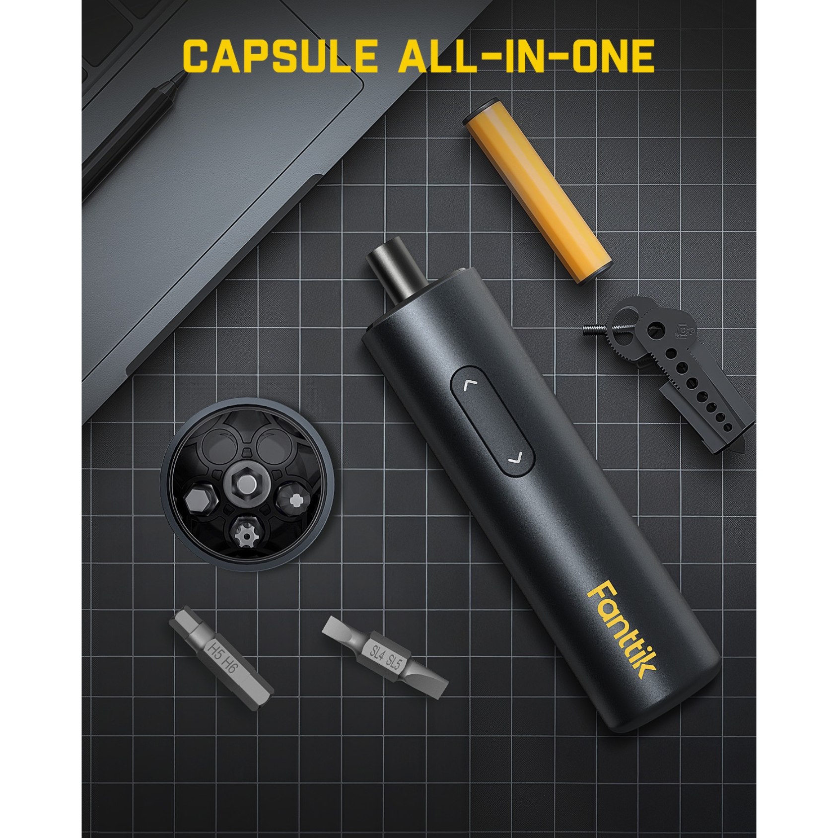 Fanttik S1 Capsule cordless screwdriver set with bits and multi-tool, featuring 'CAPSULE ALL-IN-ONE' text.