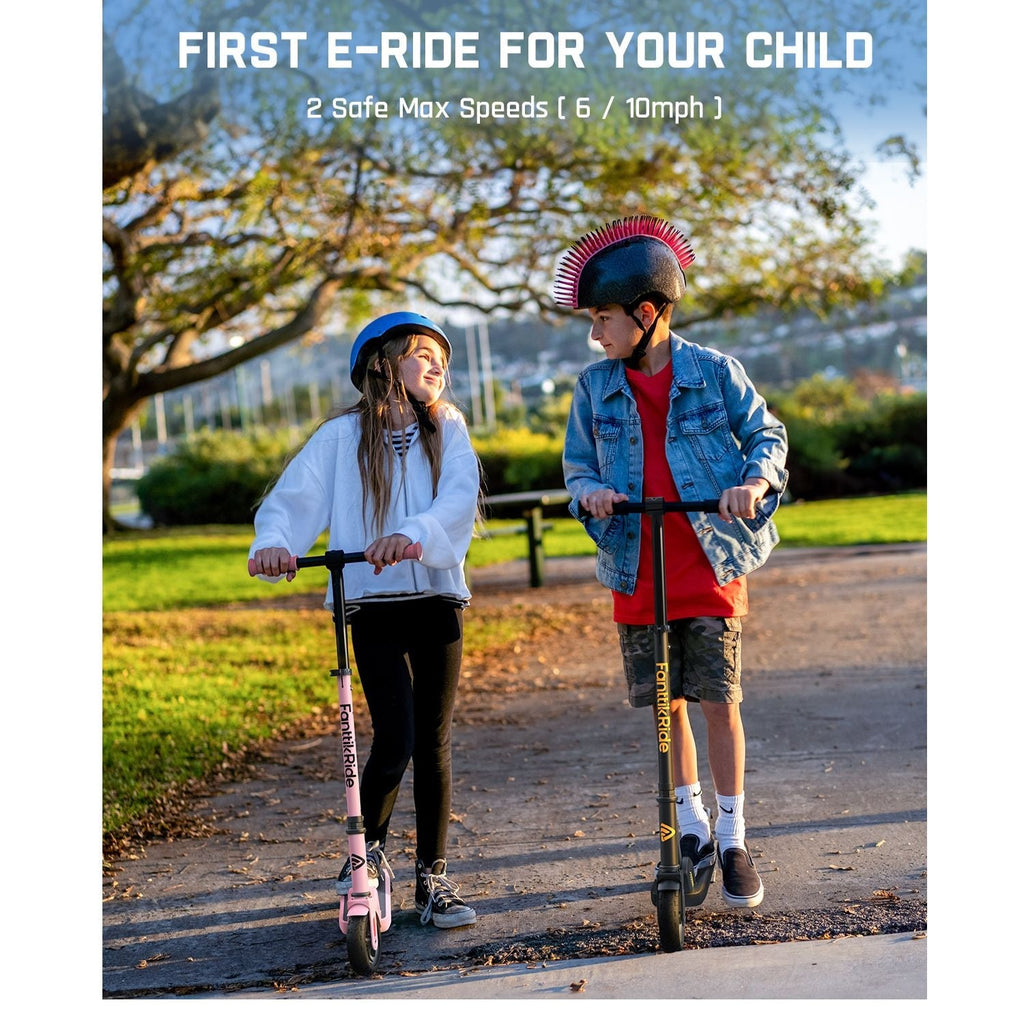 FanttikRide C9 electric scooter for kids in pink and black, ridden by children. Features 2 safe max speeds (6/10mph).