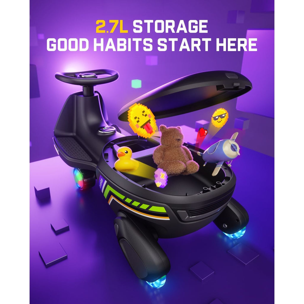 A black ride-on toy car with an open lid showing plush toys inside, set against a purple 3D-rendered background with the text '2.7L STORAGE GOOD HABITS START HERE'.