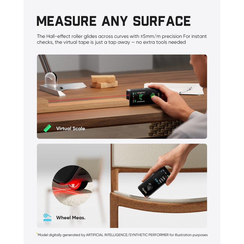 Measurement tool being used on a surface with text about its features.