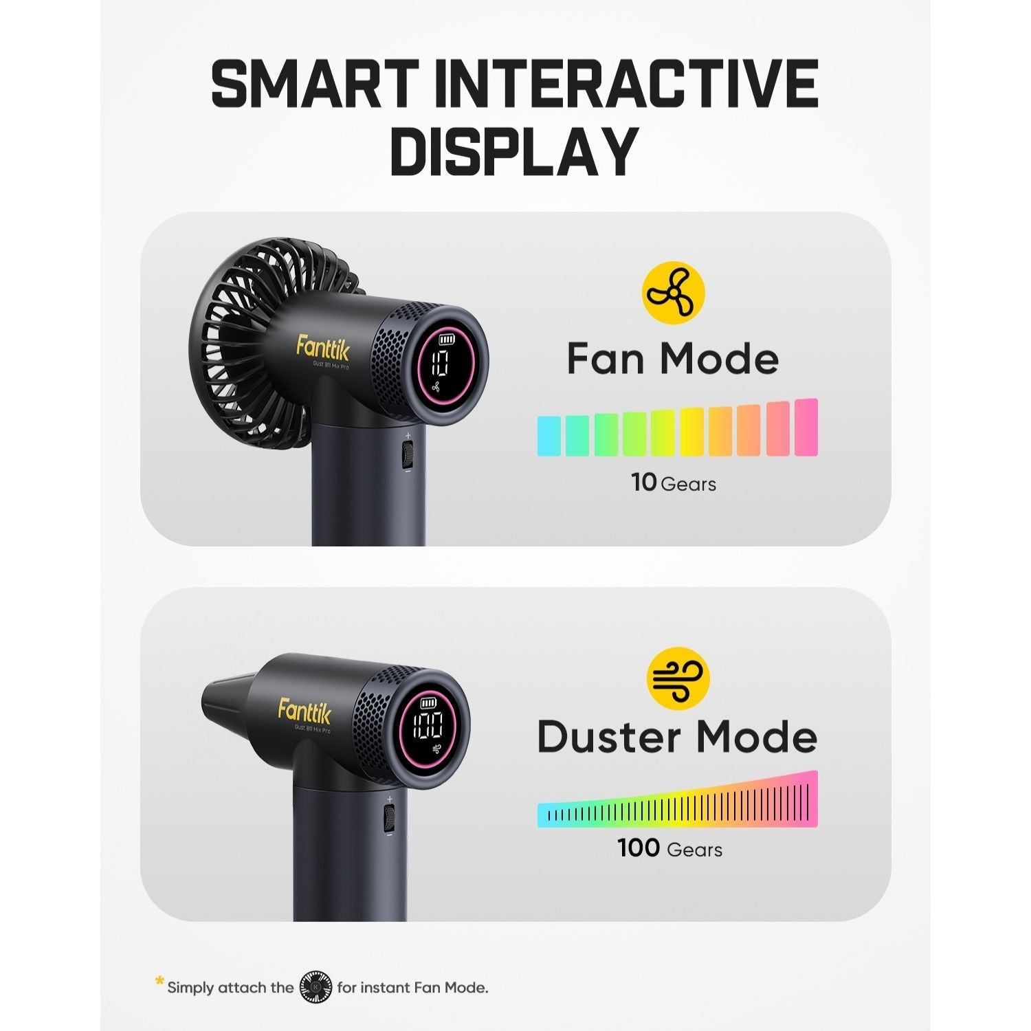 Smart interactive display of a fan and duster with mode indicators on a white background