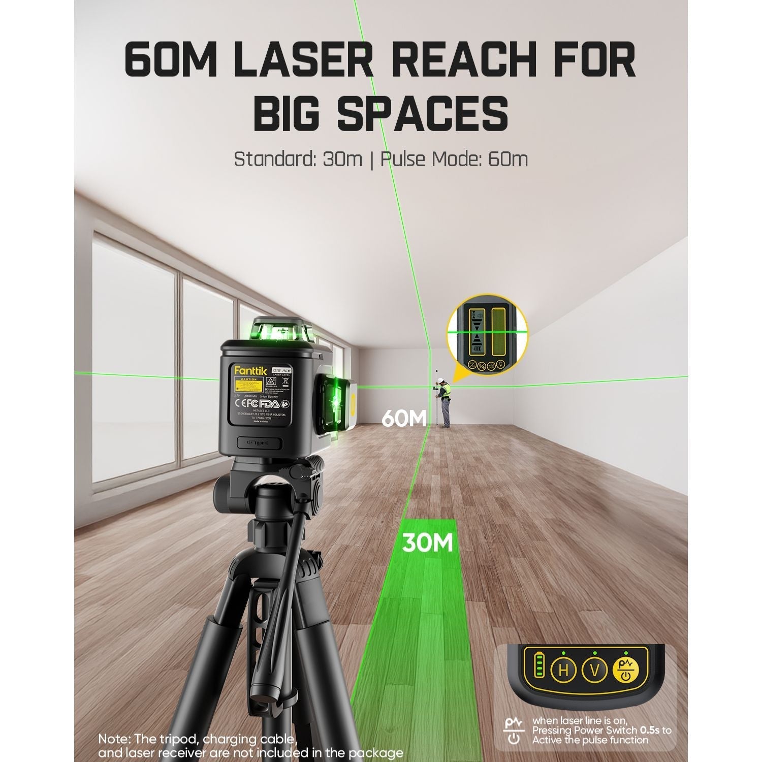 Fanttik D12 Ace laser level with 60m reach for big spaces. Shows 30m standard and 60m pulse mode green lines.