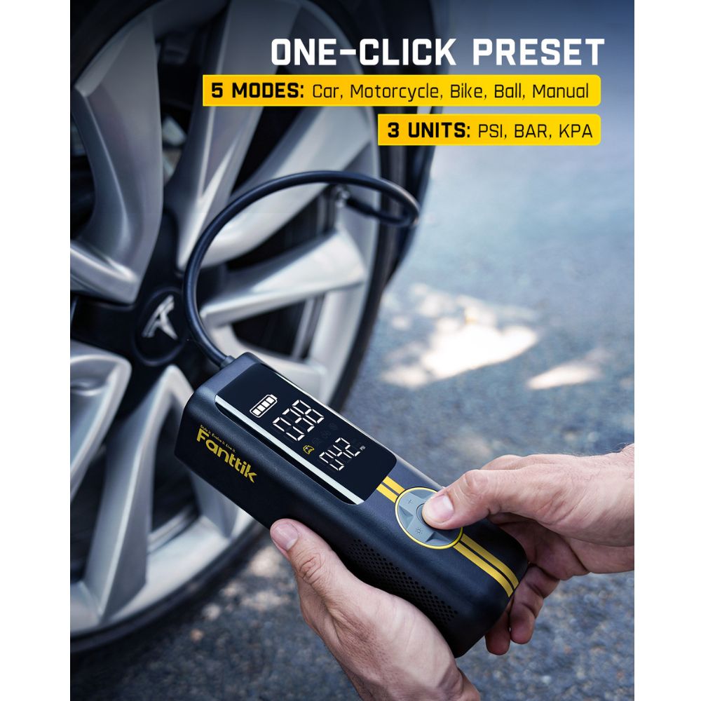 Fanttik X8 APEX EV tire inflator with one-click preset for car, motorcycle, bike, ball, manual modes and PSI, BAR, KPA units.
