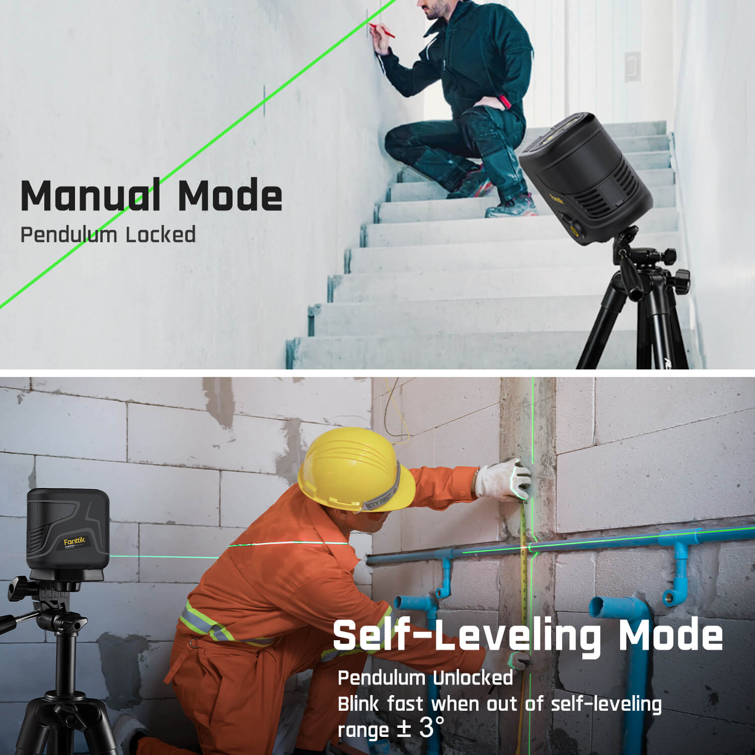 Fanttik D2 PLUS laser level: manual mode on stairs & self-leveling mode on construction site.