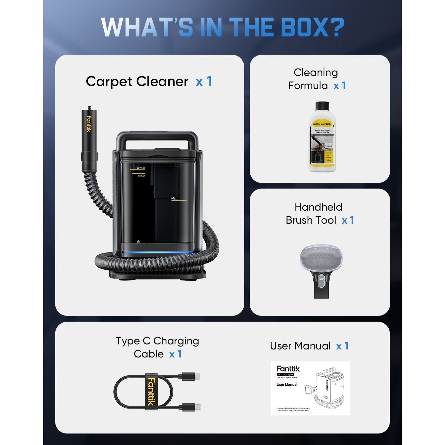 Fanttik Textra 11 Apex Cordless Carpet and Upholstery Cleaner with components listed on a blue and white background