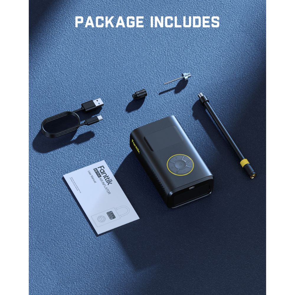 Fanttik X9 Pro portable tire inflator package contents: inflator, USB-C cable, user manual, hose adapter, and nozzle.