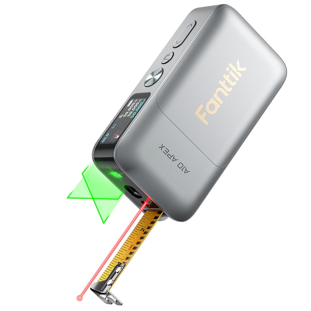 Fanttik A10 Apex 3-in-1 laser distance meter with green cross-line, red laser, and digital tape measure
