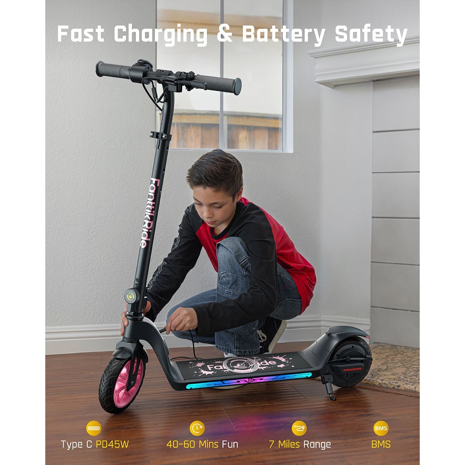 Boy connecting charger to FanttikRide T10 Apex electric scooter, highlighting fast charging and battery safety features.
