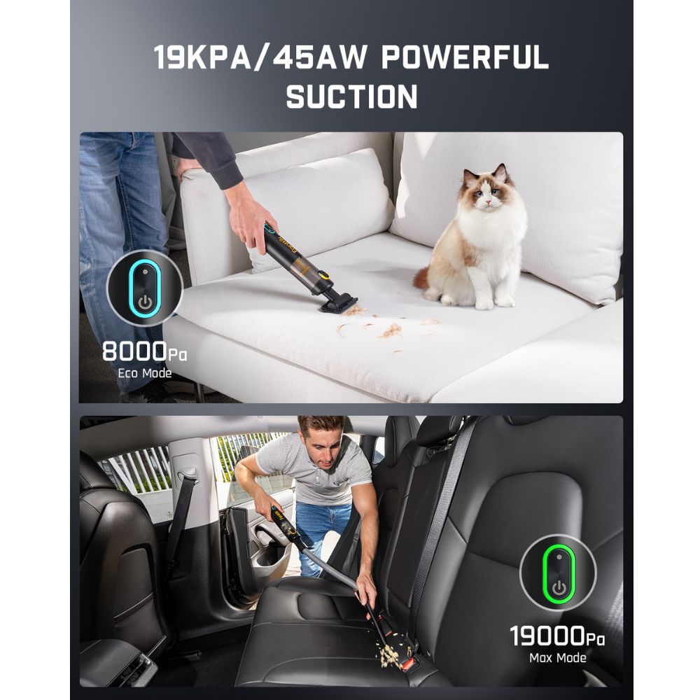 Fanttik V8 Apex vacuum: 8000Pa Eco Mode on sofa, 19000Pa Max Mode in car. 19KPA/45AW suction.