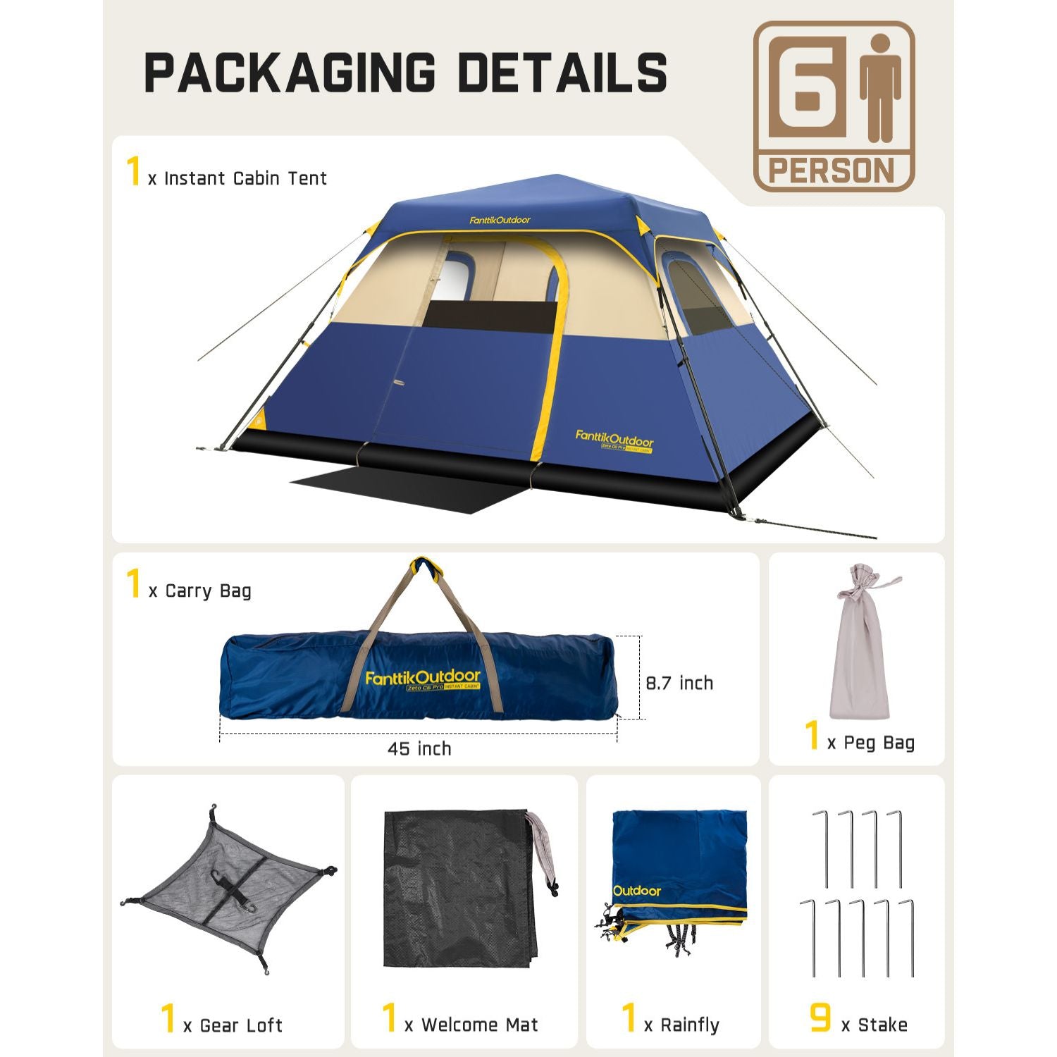 FanttikOutdoor Zeta C6 Pro 6-person tent package: tent, carry bag, peg bag, gear loft, welcome mat, rainfly, and stakes.