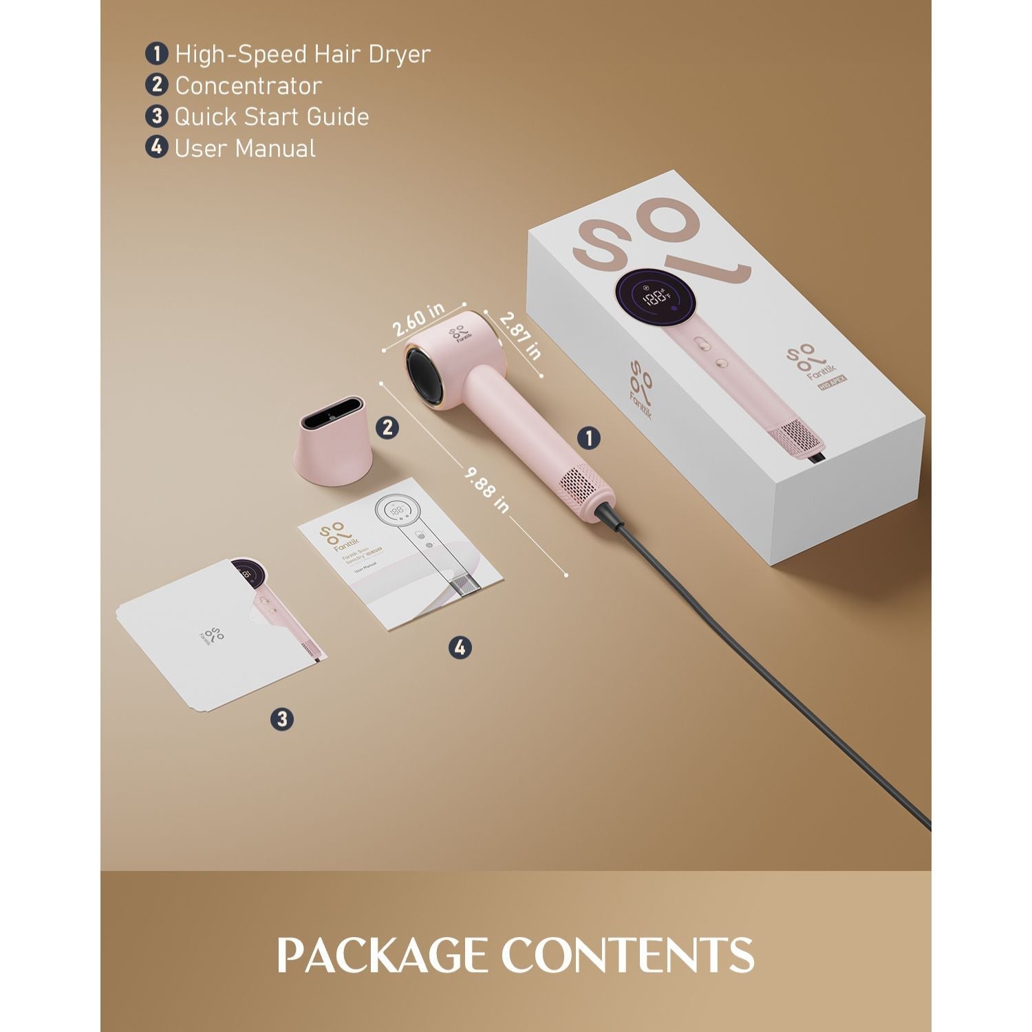 FanttikSolo Aura H10 APEX pink hair dryer, concentrator, and manuals in package contents.