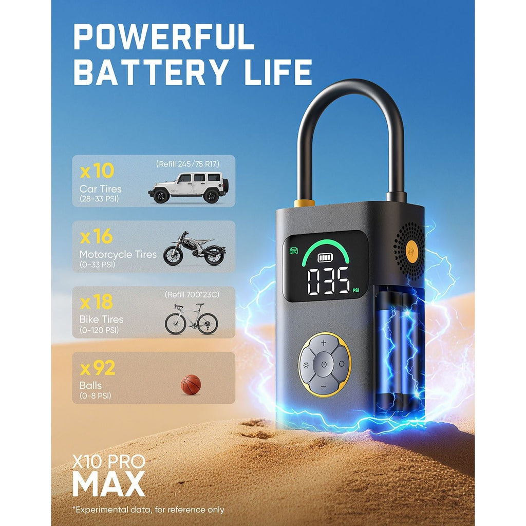 Fanttik X10 Pro Max tire inflator with digital display and battery life feature
