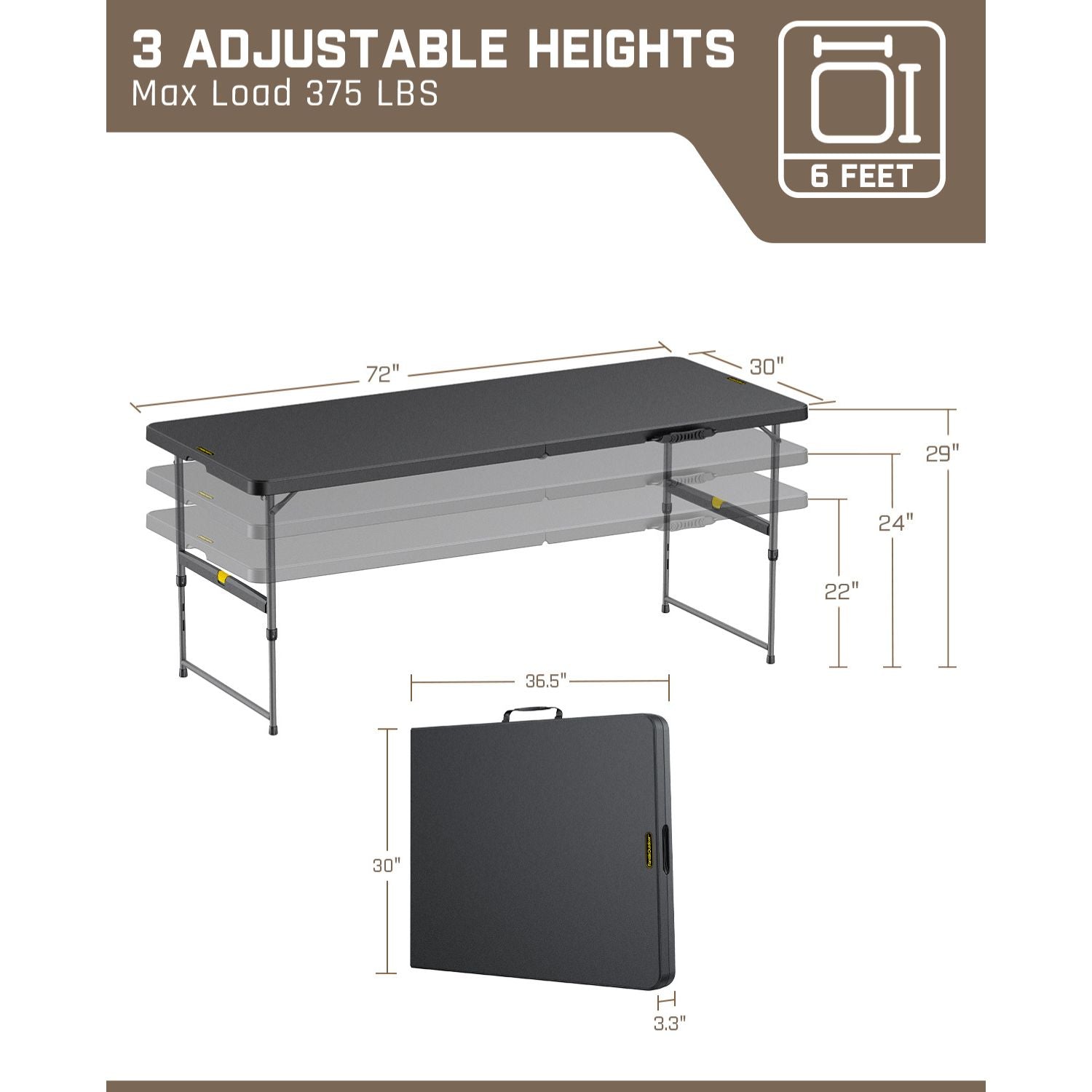 FanttikOutdoor 6ft folding table with 3 adjustable heights, 72x30 in, 375 lb load, black HDPE top