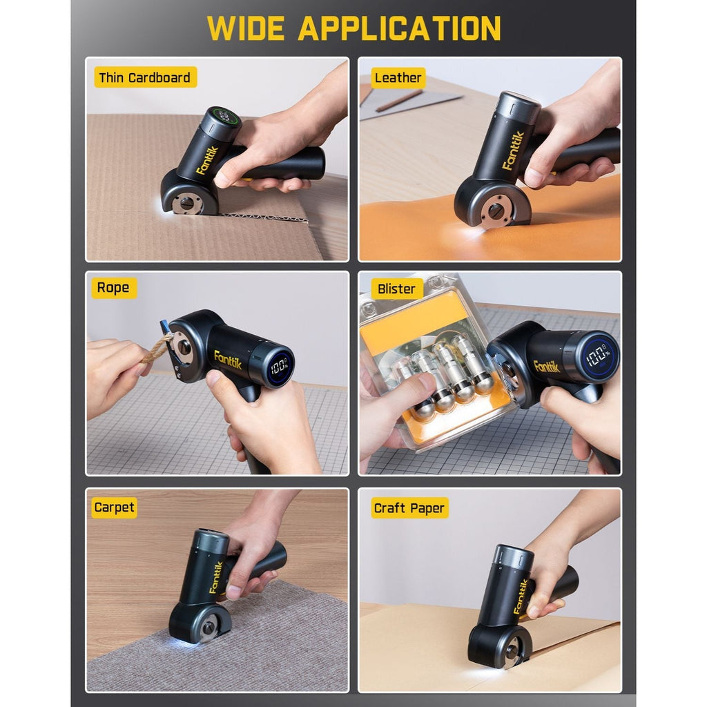 Fanttik C8 Nano electric scissors demonstrate cutting thin cardboard, leather, rope, blister, carpet, and craft paper.