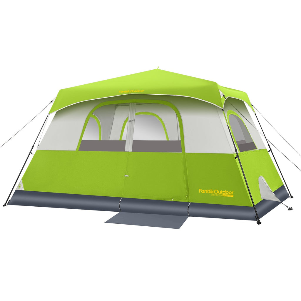 FanttikOutdoor Zeta C8 Pro 8-person instant cabin tent in green and white, featuring mesh windows and quick setup.