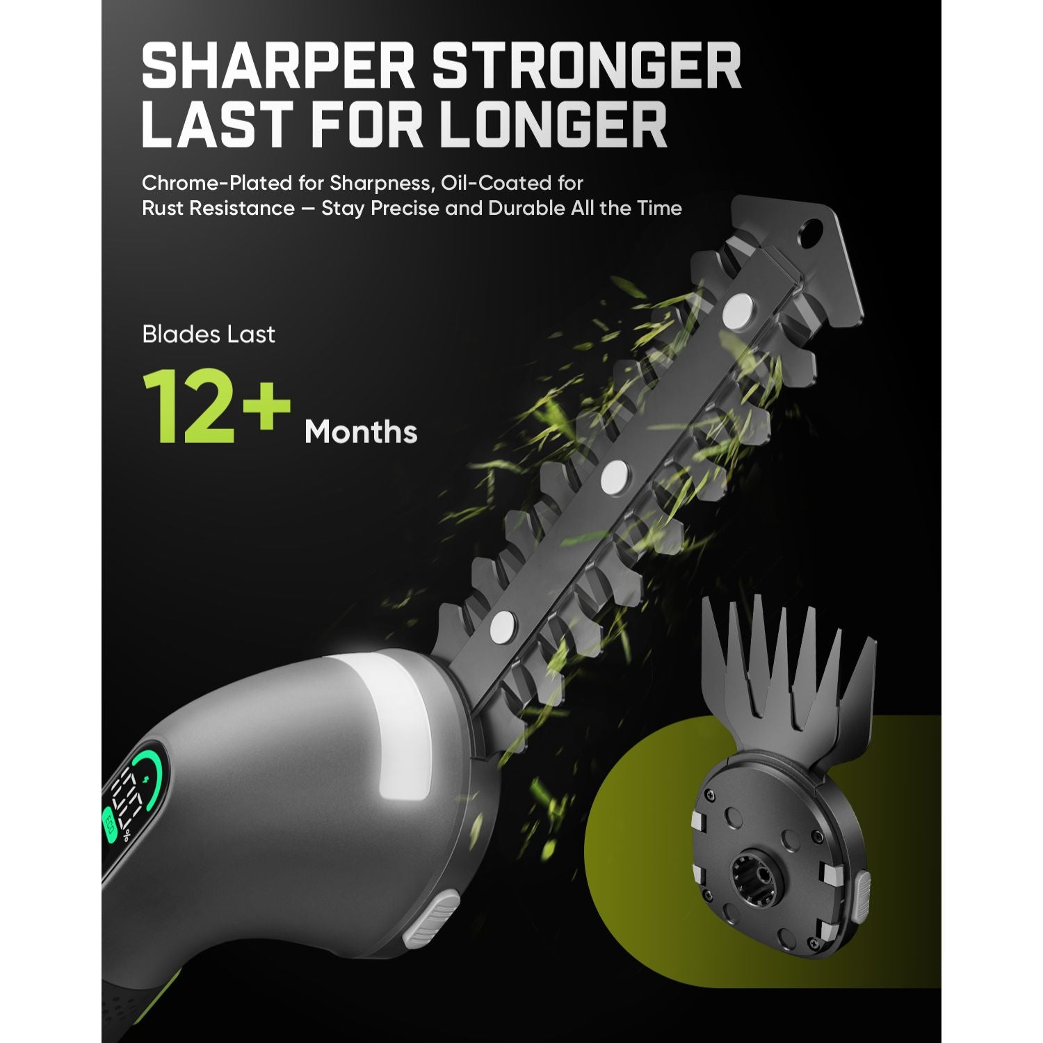 Cordless hedge trimmer blade with chrome-plated, oil-coated cutting teeth for long-lasting sharpness