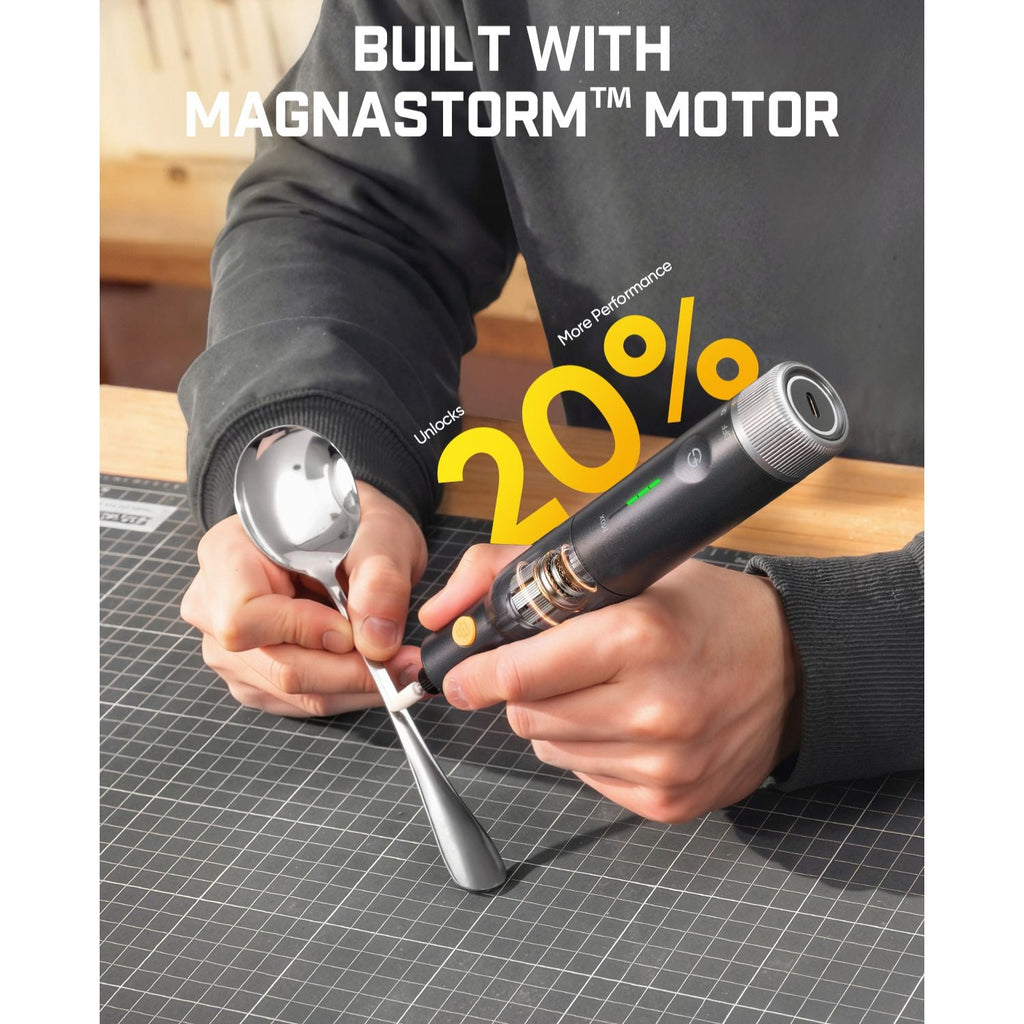 Fanttik F2 Pro cordless rotary tool engraving a spoon, built with Magnastorm motor